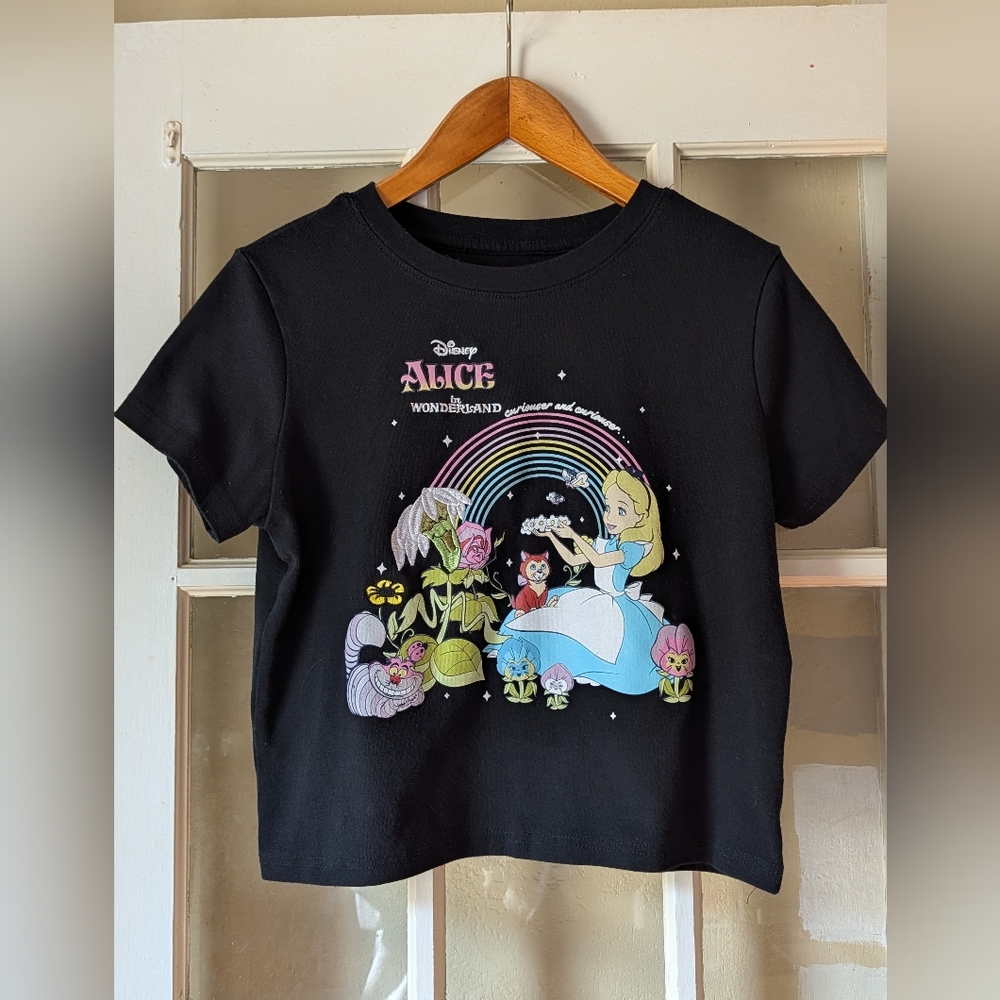 Disney Alice in Wonderland Black Short Sleeve Tee with Pastel Rainbow Graphic